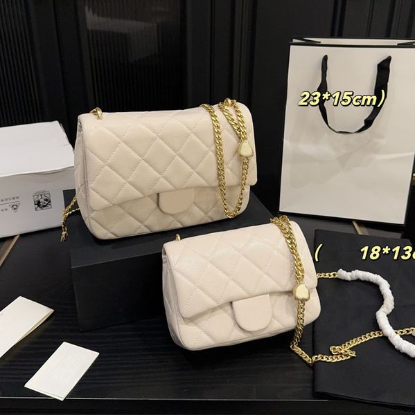 Love Heart Buckle Ladies Designer Flap Bag Two Sizes Adjustable Metal Chain Gold Hardware Caviar Leather Classic Flap Handbag Shoulder Makeup Purse Sacoche 18/23cm