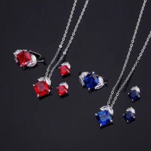 S925 Silver Simple Design Faux Ruby and Sapphire Square Ring and Earrings Set, Perfect for Daily Wear, Main Stone 99, Side Stone 66, Elegant Fashion Women's Jewelry Set