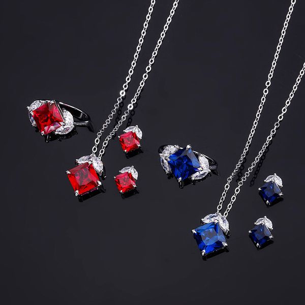 S925 Silver Simple Design Faux Ruby and Sapphire Square Ring and Earrings Set, Perfect for Daily Wear, Main Stone 99, Side Stone 66, Elegant Fashion Women's Jewelry Set