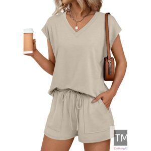 2 Piece V Neck Cap Sleeve Shirt and Shorts Set Womens Matching Summer Lounge Sets