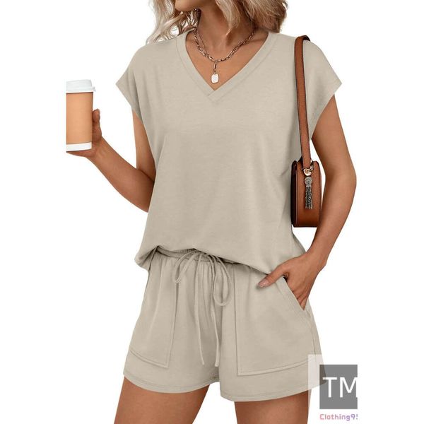 2 Piece V Neck Cap Sleeve Shirt and Shorts Set Womens Matching Summer Lounge Sets