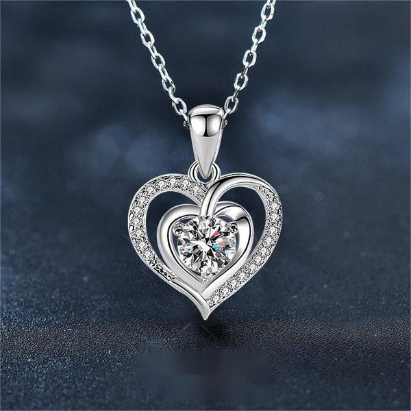 925 Sterling Silver Double Heart Moissanite Pendant Necklace Romantic Lock Collarbone Jewelry Gift for Girlfriend Birthday