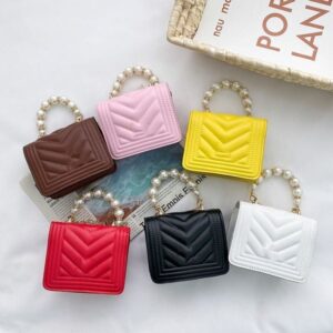 Fashion Girls pearl chain handbag INS kids Metal buckles bags children Flip PU Leather one shoulder bag Lady Mini purese A5192