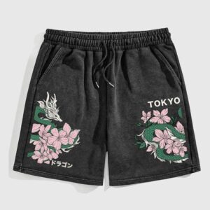 Men's Summer Trendy Brand Printed Dragon Washed Vintage Loose Casual Sports Five-Point Basketball Shorts