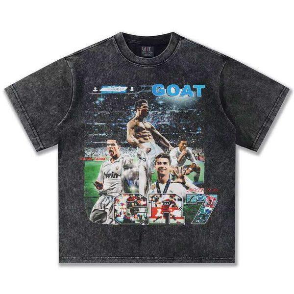CR7 Football Heavyweight 100% Cotton American Style Fashion Vintage Short Sleeve Washed Look Oversized Fit T-Shirt