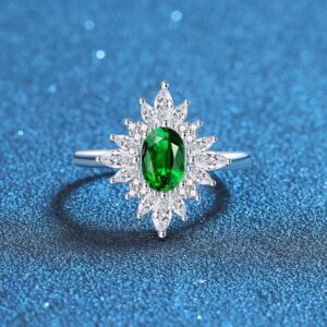 Elegant Oval Green Gemstone Ring for Women, Sunburst Cluster Halo Design in 925 Sterling Silver, Vintage Floral Cocktail Jewelry Gift