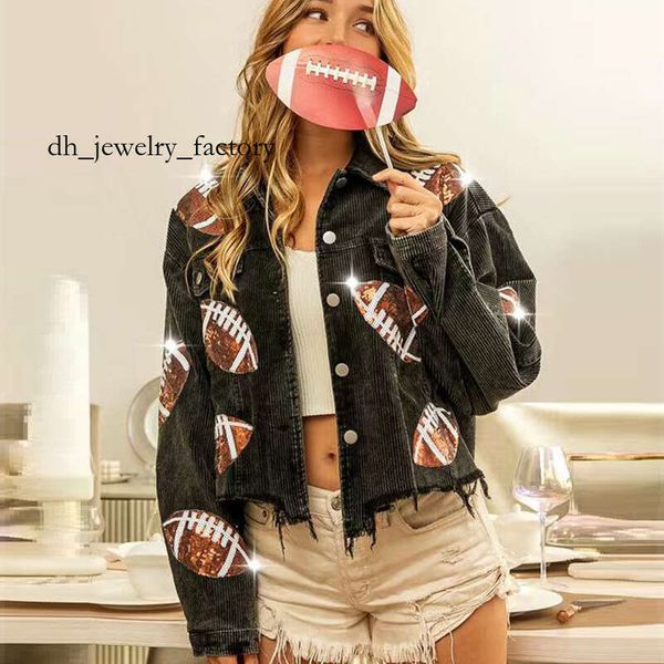 Women's Jackets New Sports Casual Corduroy Jacket Woman Retro Turn-down Collar Splicing Football Sequins Spring Autumn Tassel Jacket for Women 2c7 15c