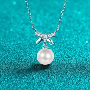 S925 Sterling Silver Moissanite Pearl Bow Pendant Clavicle Necklace Sweet Cute Girlish Minimalist Fashionable High-End Jewelry