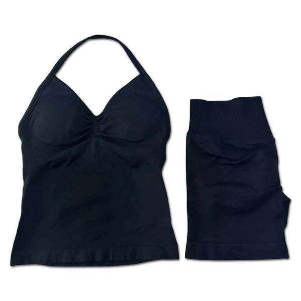 2pcs Impact Womens Backless Tank Top High Waist Threaded Seamless Shorts Gym Set W250410 03