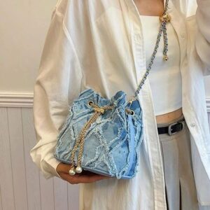 Best Fashion solid color plaid vintage denim crossbody bag pull rope open and close suitable for womens daily travelll 240830