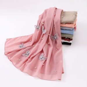 Pearl Chiffon 3D Butterfly Flower Beaded Scarf –811067