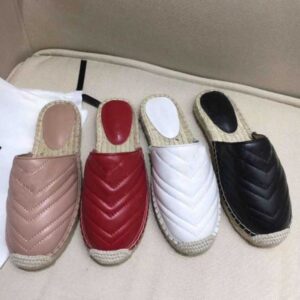Women Leather Espadrille Stripes Flat Sandal Fashion Non-slip Slipper Two Tone Canvas Sandals Summer Outdoor Beach Causal Flip Flops with Box NO30