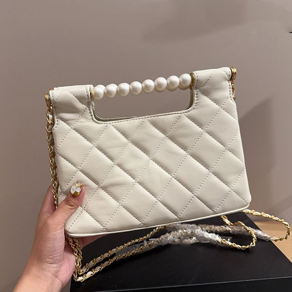 25p Pearl Handle Luxury Handbag Fashion Lwomen Shoulder Bag Genuine Leather Checkered Pattern Gold Hardware Metal Clasp Matelasse Chain Crossbody Bags Purse 24cm