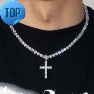 Hip Hop 925 Silver Vermeil Iced Out VVS Moissanite Diamond Cross Pendant Necklace Men Iced Gold Filled Moissanite Cross Pendant