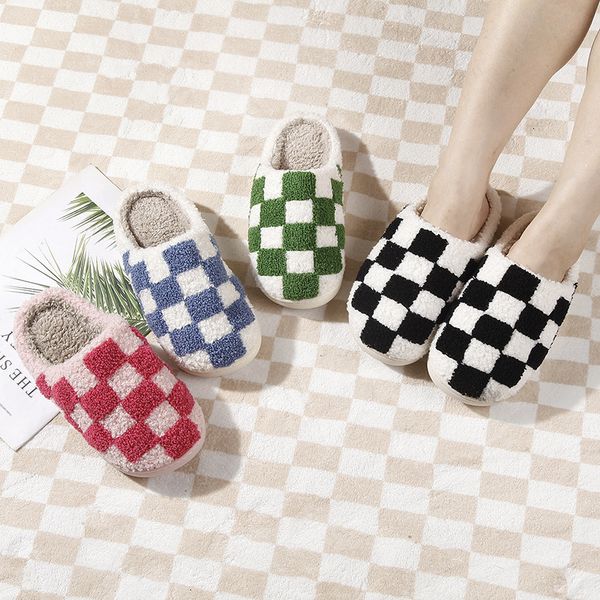 Indoor Home Rainbow Plush Slippers Mushrooms Peach Heart Chess Board Warm Winter Thickened Anti-slip Soft Sole Cotton Shoes