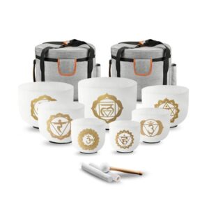 7 Gold Chakra 432Hz Crystal Singing Bowl Set-7-12 Inch Gradient Design Frosted Quartz Sound Therapy Bowls for Meditation, Yoga&Reiki-Includes Mallets, Padded Case&O-Ring
