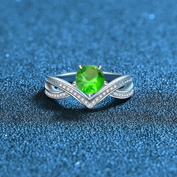 S925 Sterling Silver Green Gemstone Ring for Women V-Shaped Band with Zircon Fashion Minimalist Jewelry for Engagement or Gift