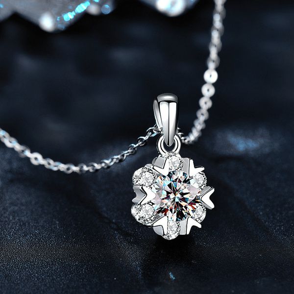Snowflake Moissanite Necklace 925 Sterling Silver Pendant | White Gold Dainty Clavicle Chain for Women | Gift for Girlfriend