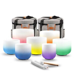 7 Chakra 432Hz Crystal Singing Bowl Set-7-12 Inch Gradient Design Frosted Quartz Sound Therapy Bowls for Meditation, Yoga&Reiki-Includes Mallets, Padded Case&O-Ring
