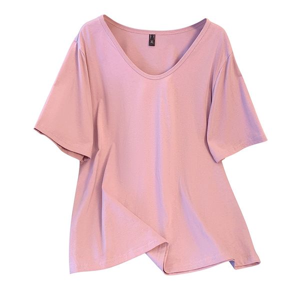 Women's plus size 1XL-4XL casual V-neck short sleeved solid color loose T-shirt white pure cotton top women's clothing 3239