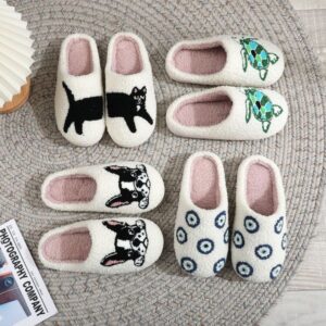 Home Winter Plush Flat Sole Breathable Anti-slip Warm Wear-resistant Shock-absorbing Cartoon Embroidered Indoor Cotton Slippers