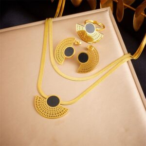 2025 stylish retro fan stainless steel pendant necklace ring ear studs set colorproof and waterproof personalized fashion niche design
