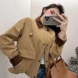 Womens Khaki Bomber Jacket Retro Utility Style Fashion Workwear Coat Streetwear Outerwear Asian Size Turn Down Collar Ladies Jacket