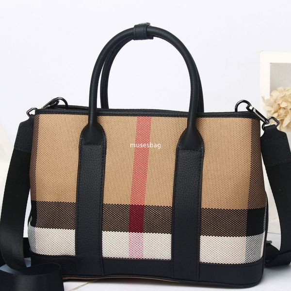 High quality brand fashionable contrasting color large capacity genuine leather canvas women's bag new high-end grid garden tote bag crossbody bag handbag