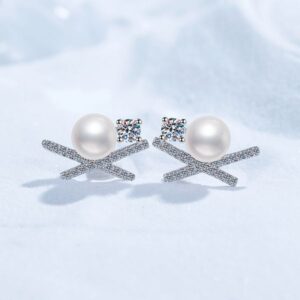 S925 Sterling Silver Stud Earrings, Women's Butterfly X-Shape D-Color 60-Point Moissanite, Freshwater Pearl Studs, Fashion High-End Earrings