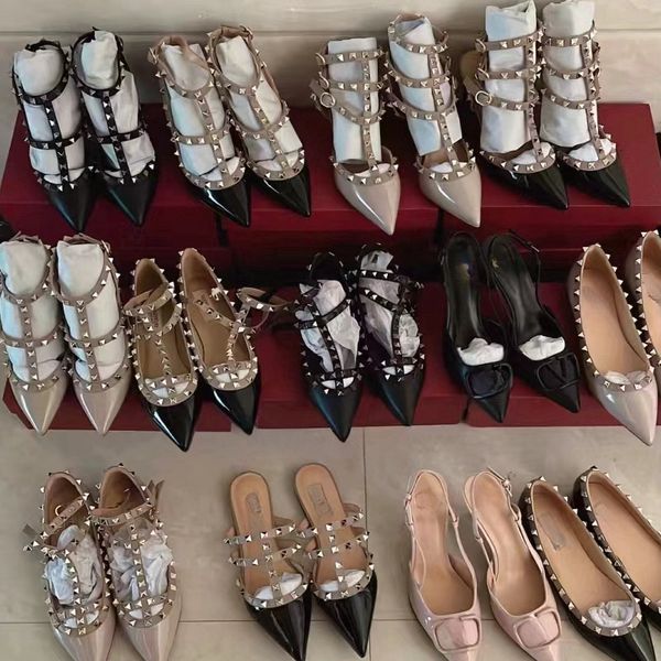 Sandal Dress Shoes Designer High Heel Ankle Strap Roman Studs Black Nude Strip Rivets Womens Stiletto Block leather peep-toes slingback gold 6 8 10cm wedding shoes