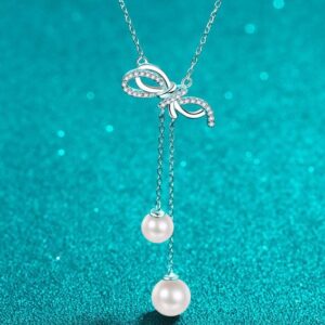 925 Sterling Silver Moissanite Bow Necklace with Natural Freshwater Pearls Tassel Pendant Elegant Minimalist Clavicle Chain