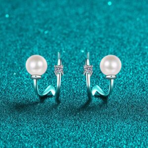 925 Sterling Silver U-Shaped Earrings with Moissanite and Freshwater Pearl, PT950 Gold-Plated Jewelry