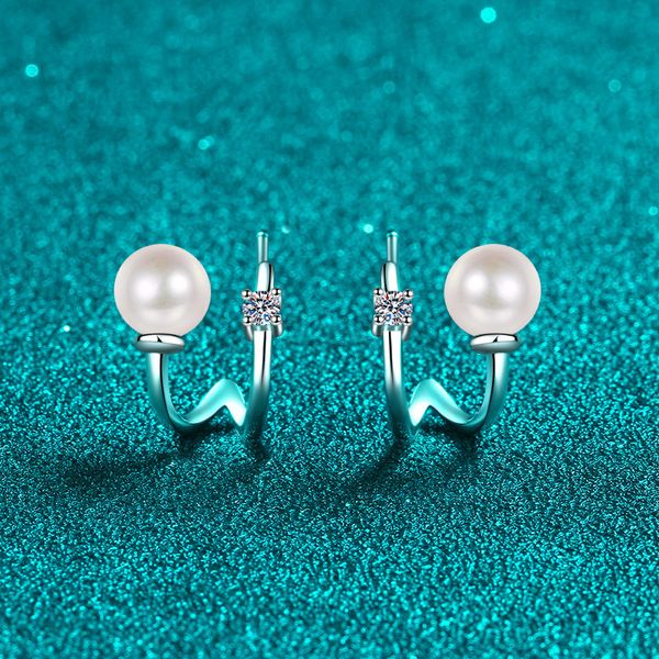 925 Sterling Silver U-Shaped Earrings with Moissanite and Freshwater Pearl, PT950 Gold-Plated Jewelry