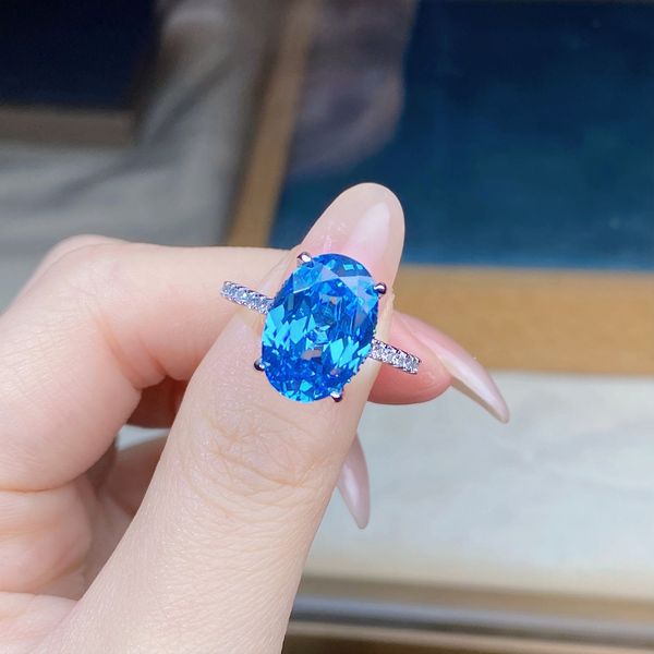 6CT oval S925 sterling silver gemstone blue crystal pink high carbon diamond princess ring personalized fashionable luxurious hand-set pigeon egg-shaped ring