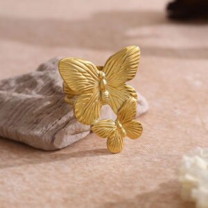 Exaggerated Butterfly Design Ring – Unique Double-layer Textured Stainless Steel Ring with PVD 18K Gold Plating for Women