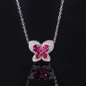 New S925 Silver Butterfly Pendant Necklace, Faux Pigeon Blood Ruby with Full Diamond Inlay, Elegant and Stylish Jewelry for Women
