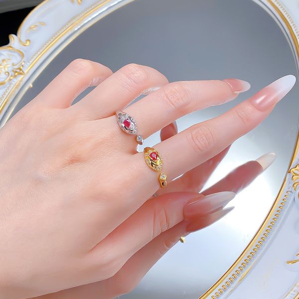 Luxury Retro Chinese Style S925 Silver Snake Open Ring with Ruby Accent