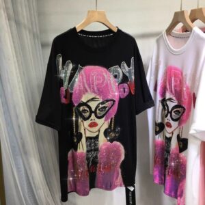 Stylish Cartoon Design Sparkle Top for Ladies – Solid Color Options: Black, White