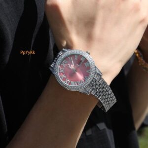 Luxury Jewelry VVS Moissanite High Quality New Fashion Couple Watch Hip Hop Bling Bling Pink Round Big Dial Waterproof Men's Mechanical Watch Pass the diamond tester