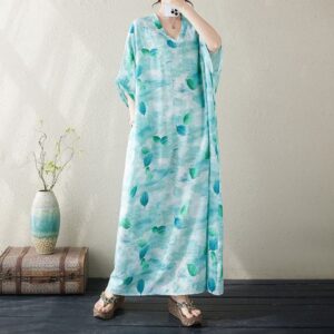 B423 Summer floral holiday travel V-neck retro long skirt covering flesh cotton and linen dress
