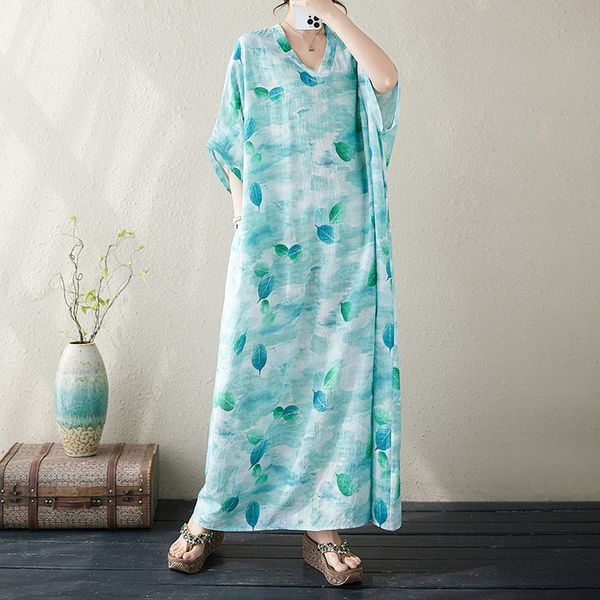 B423 Summer floral holiday travel V-neck retro long skirt covering flesh cotton and linen dress