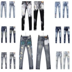 Men's Jeans Purples Men Fashion Americans High Street Retro Wash Distressed Graffiti Ripped Hole Patch Stretch Skinny JeansBrand