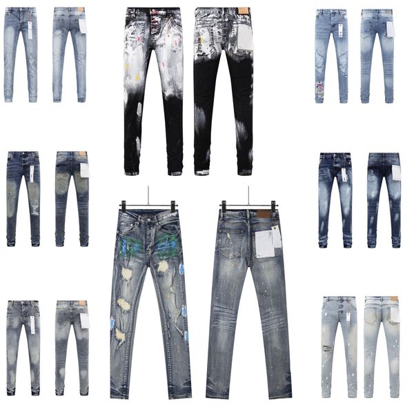 Men's Jeans Purples Men Fashion Americans High Street Retro Wash Distressed Graffiti Ripped Hole Patch Stretch Skinny JeansBrand