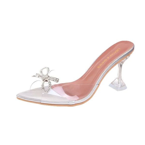 Designer shoes women's sheer heels loop bow buckle sexy crystal heel design sandals fashionable wedding shoes