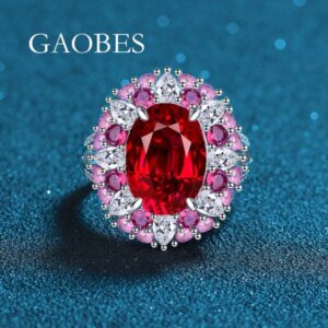 S925 Sterling Silver Open Band Ring, Padma Red Gemstone Surrounded by Pink Diamonds, High Carbon Diamond Fashion Ring, Luxury Wedding Ring for Women