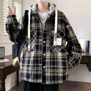 Extra Large 150kg Unisex Couple Outfit Plus Size Trendy American Plaid Hooded Detachable Jacket