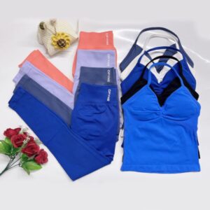 Dfyn Women two pieces Impact yoga Workout Sets Longline Strappy Top Gym pant sports leggings Set clothing Backless Tank Tops Scrunch Seamless Gym Suit Clothes