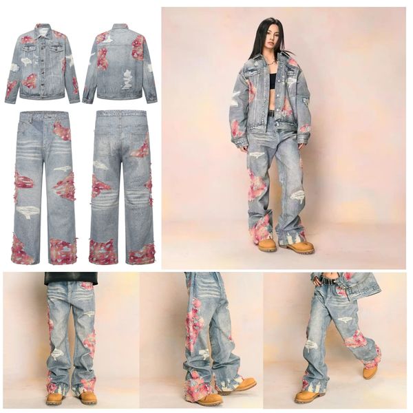 Vintage Patchwork Jeans With Luxurious Embroidery Design Korean-style Niche Men's And Women's Summer Loose Fashionable Wide-leg Casual And Versatile Jacket Set