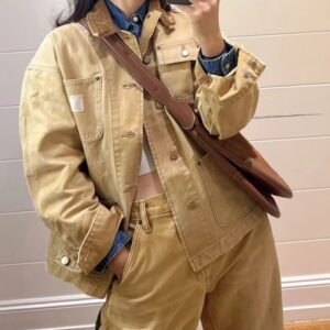 Womens Bomber Jacket Khaki Color Vintage Style Casual Outerwear Workwear Coat Utility Design Turn Down Collar Ladies Asian Size Jacket