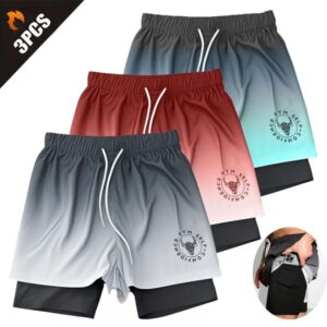 Men's casual sport shorts, two-in-one 5-inch pants, men's gradient color with inner lining, beach combo set of 3